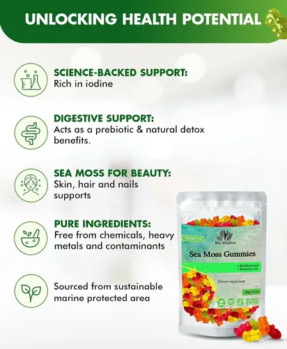 Vista 4 de Gomitas de musgo marino - Musgo marino irlandés orgánico crudo, vejiga, raíz de bardana. Contiene gel de musgo marino y polvo. Superalimentos