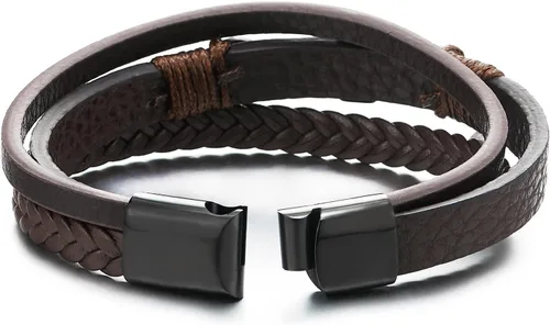 Vista 3 de Pulsera de cuero COOLSTEELANDBEYOND para hombre y mujer, cruz lateral plana, múltiples hebras, estilo brazalete