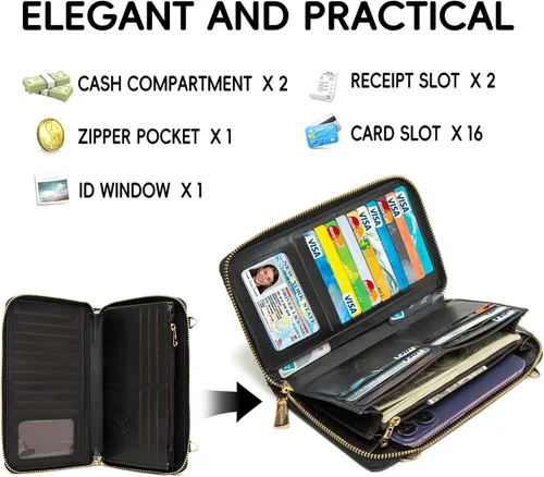 Vista 5 de Cartera cruzada para teléfono celular para mujer con protección RFID y múltiples ranuras para tarjetas