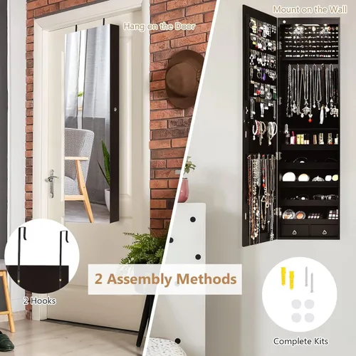Vista 2 de HAPPYGRILL Armario de joyería montado en la puerta de pared, organizador de almacenamiento de joyas con cerradura con espejo de longitud completa, 2