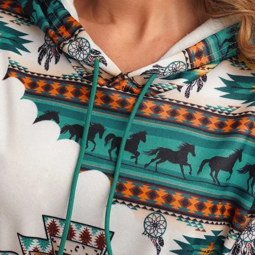 Vista 4 de Lanaoree Sudadera con capucha para mujer, estilo étnico occidental, estampado azteca, vaquera, rombos