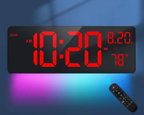 Vista 7 de XREXS Reloj de pared digital con pantalla grande, reloj de pared LED de 16.5 pulgadas con 6 luces nocturnas que cambian de color, DST automático
