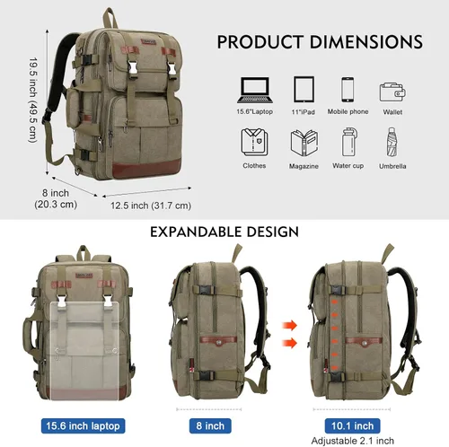 Vista 3 de WITZMAN Mochila de lona con puerto de carga USB, mochila de viaje grande, bolsa de viaje, bolsa de lona para portátil de 17 pulgadas para hombres