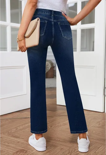 Vista 2 de GRAPENT Jeans para mujer de cintura alta, desgastados, pierna recta, rasgados, elásticos, pantalones de mezclilla occidentales, traje de los años 90