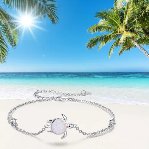 Vista 5 de Cuoka Pulsera de tortuga de plata de ley 925 con ópalo y tortuga marina, pulsera de tortuga de mar, pulsera de naturaleza oceánica, regalo para ella