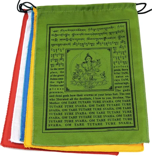 Vista 7 de Banderas de oración tibetanas Tara verdes hechas a mano con traducción al inglés (9 x 12 pulgadas)