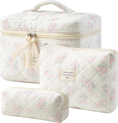 Vista 21 de HBselect Bolsa de Maquillaje Acolchada, 3 Piezas de Gran Bolsa de Maquillaje de Viaje de Algodón, Linda Bolsa de Maquillaje Floral Coquette, Bolsa