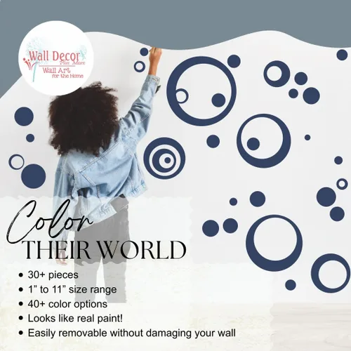 Vista 2 de Vinilo adhesivo de pared azul profundo, círculos, burbujas, puntos 25+ piezas