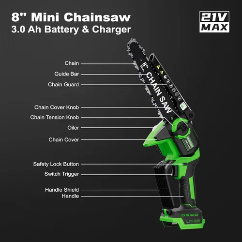 Vista 9 de Mini motosierra de 8 pulgadas con 2 baterías y cargador, motosierras inalámbricas sin escobillas con engrasador automático, motosierra eléctrica