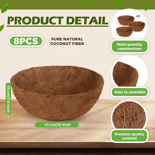 Vista 2 de Gerrii 8 forros de coco de 16 pulgadas para cestas colgantes, revestimientos de coco para maceteros redondos naturales de coco y coco, cesta