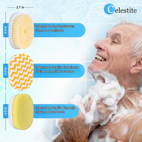 Vista 3 de Celestite Cepillo de ducha de mango largo de 20 pulgadas para cuerpo, limpiador de espalda para ducha con 3 cabezales de cepillo, exfoliación