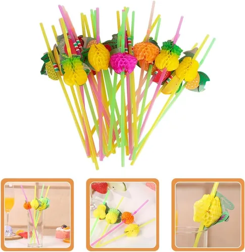 Vista 7 de Kichvoe Paquete de 60 pajitas de fiesta con temática hawaiana, agitadores de bebidas en forma de fruta para niños y niñas, pajitas de plástico