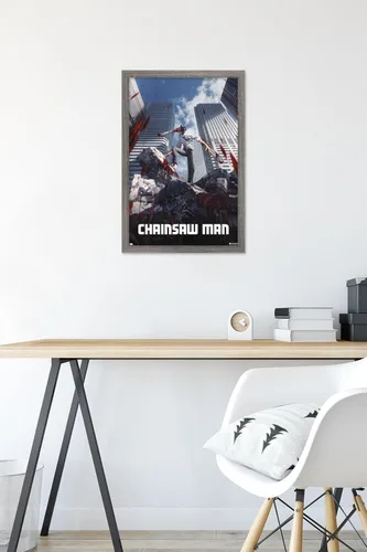 Vista 6 de Chainsaw Man - Póster de pared de arte clave, 22.4 pulgadas de largo x 14.7 pulgadas de ancho, versión enmarcada de madera de granero