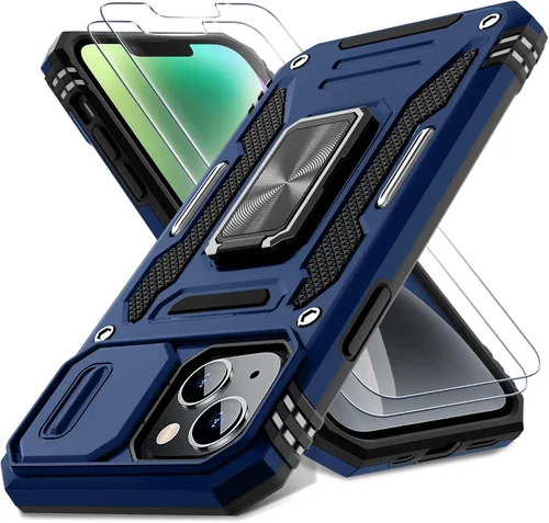 Vista 14 de DEERLAMN Funda para iPhone 13/iPhone 14 de 6.1 pulgadas con cubierta deslizante para cámara + protector de pantalla (2 paquetes), soporte de anillo