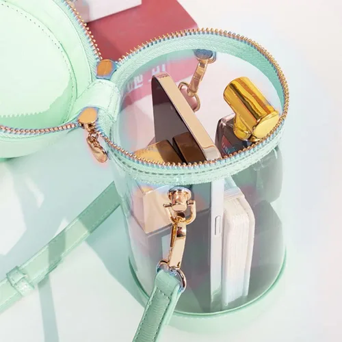 Vista 3 de Orejas de conejo transparente cubo Cilindro Ita bolsa, PVC amor doble cremallera bolso de hombro, Kawaii Lolita Crossbody Bag