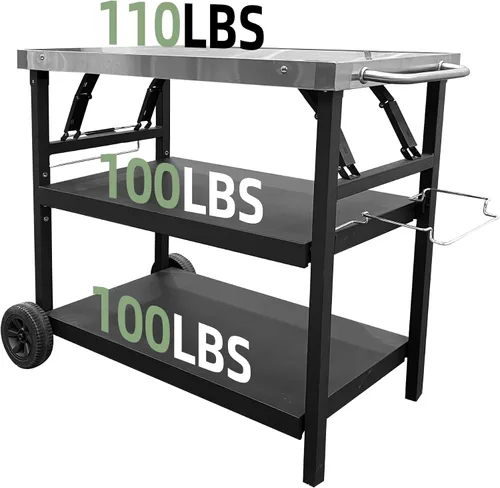 Vista 3 de Thunderbay Carrito plegable para parrilla de 3 niveles, carrito de utilidad movible para preparación de alimentos, mesa de horno de pizza