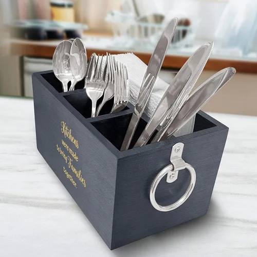 Vista 3 de Organizador de utensilios de cocina con cita familiar, organizador de utensilios de madera para cocina, caja organizadora de utensilios de cocina