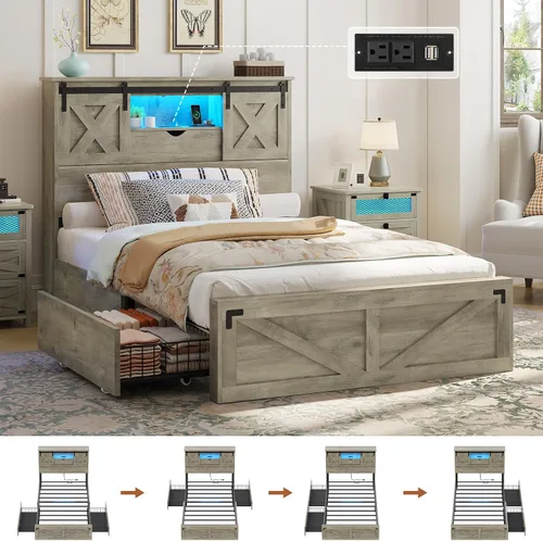 Vista 11 de Marco de cama de granja tamaño individual con 2 cajones de almacenamiento, plataforma de madera con luces LED y estación de carga, cabecera