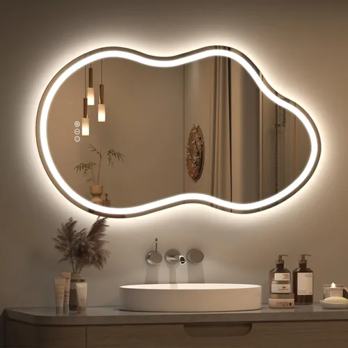 Vista 12 de SMIROR Espejo de Baño Retroiluminado Irregular con Luces 20 x 32, Espejo de Tocador con Luz LED Asimétrica en Forma de Nube para Pared