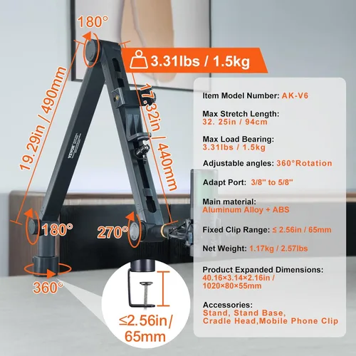 Vista 7 de VEVOR Brazo de brazo de micrófono, con abrazadera de montaje de escritorio, soporte de micrófono ajustable con gestión de cables, giratorio de 360°