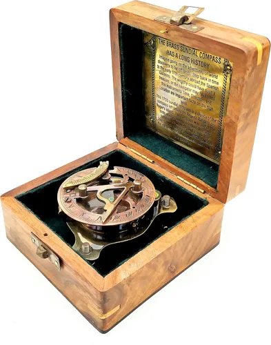 Vista 3 de Brújula de reloj de sol de latón con caja de madera - Brújula de navegación antigua - Decoración náutica