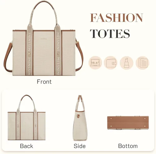 Vista 5 de Missnine Bolsa de lona para laptop de 15.6 pulgadas, bolsa de hombro para profesores, maletín para viajes, oficina, escuela, marrón, beige