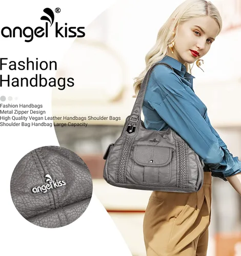 Vista 6 de Angelkiss - Bolsos y bolsos de mano para mujer, de cuero vegano lavado, bolso cruzado de hombro