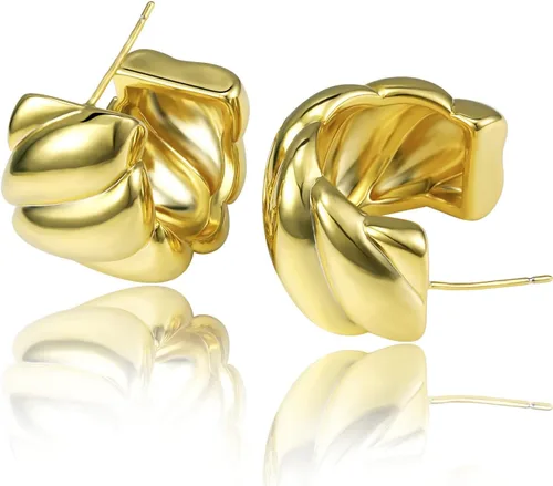 Vista 113 de Aretes de aro gruesos de oro para mujer, chapados en oro de 14 quilates, aretes de aro triple, hipoalergénicos, a la moda, aretes de aro gruesos