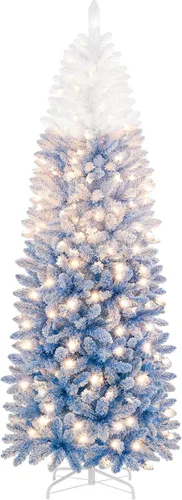 Vista 13 de Yaheetech Árbol de Navidad de Abeto Tipo Lápiz Preiluminado con Nieve Artificial de 6 pies con Bisagras, Árbol de Navidad Delgado para Esquina Negro