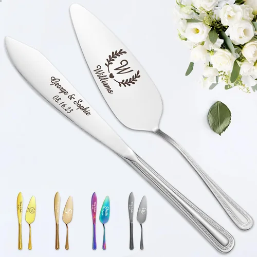 Vista 19 de STREADVE Juego de corte de pastel personalizado para boda, juego de cuchillos y servidores grabados, juego de corte personalizado, regalo para Negro
