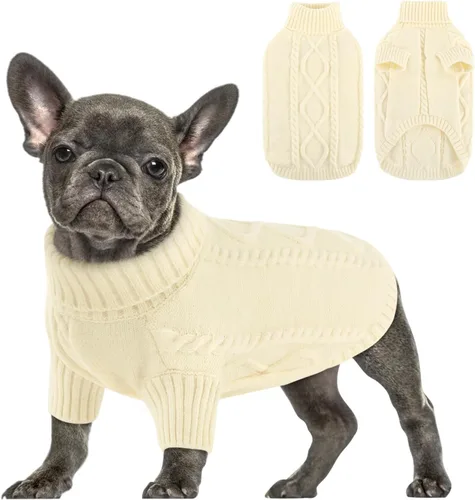 Vista 12 de Queenmore - Suéter de punto trenzado con cuello alto para perros pequeños, para climas fríos, para chihuahua, bulldog, teckel, carlino y yorkie, XS