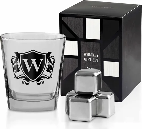 Vista 23 de Regalos de whisky para hombres, vaso de whisky con inicial personalizada con piedras de whisky para papá, novio, mejores amigos, compañeros