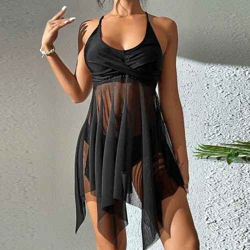 Vista 5 de Women High Neck Two Piece Swimsuit Drawstring Tankini Tank with Boyshort Tummy Control Vintage Swimwear