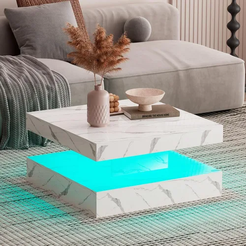 Vista 8 de HedoAjim Mesa de centro LED negra para sala de estar, mesa de sala de estar, mesas centrales cuadradas de 2 niveles, mesas de centro de madera