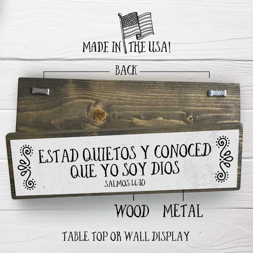 Vista 2 de Estad Quietos Y Conoced Que Yo Soy Dios – Versículo de la Biblia en Español – mensajes cristianos para decorar - Letrero de metal y madera