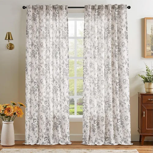 Vista 7 de Jinchan - Cortinas de lino floral de 96 pulgadas de largo para sala de estar, 2 paneles Negro sobre beige