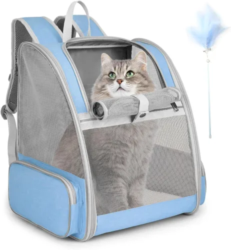 Vista 12 de Mochila transportadora para gatos, mochila grande para mascotas con varita de gatito, juguete de plumas para perros medianos y pequeños, gatos