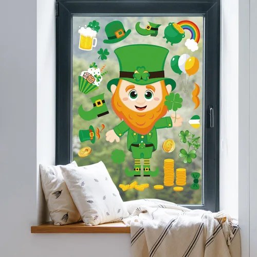 Vista 7 de AOWDIAO Calcomanías reutilizables de doble cara para ventana, duendes, tréboles, gnomos, monedas, decoración irlandesa festiva para ventanas