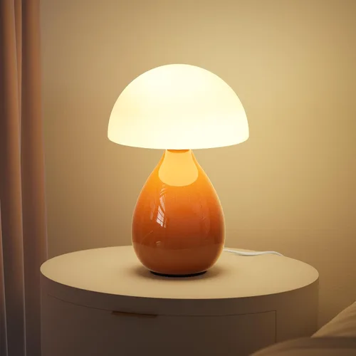 Vista 10 de Lámpara de hongo, pequeña lámpara de mesa para dormitorio, lámpara de noche creativa geométrica con base de cerámica, lámpara de mesa auxiliar