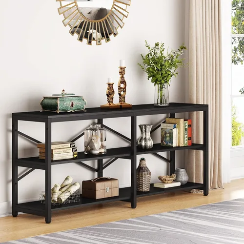 Vista 3 de Tribesigns Mesa Consola Extra Larga de 70.9 Pulgadas, Mesa de Sofá Moderna Detrás del Sofá con Estantes de Almacenamiento, Mesa Industrial de 3