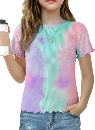 Vista 8 de Arshiner Camisas de manga corta con ribete de lechuga para niñas, camisetas de verano acanaladas con cuello redondo Blanco