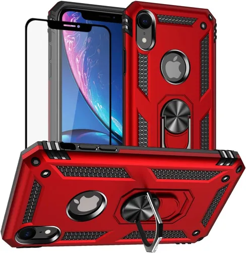 Vista 8 de Yiakeng Funda para iPhone XR, iPhone XR con protector de pantalla, fundas protectoras de grado militar con anillo para iPhone XR (negro)