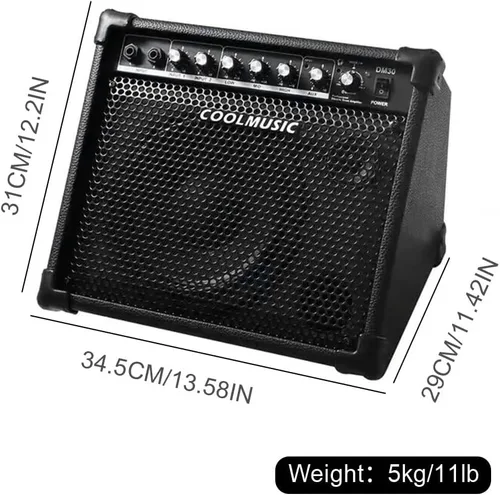 Vista 6 de Coolmusic Amplificador de batería 30W, amplificador de teclado de altavoz de tambor eléctrico inalámbrico con ecualizador de 3 bandas y salida DI