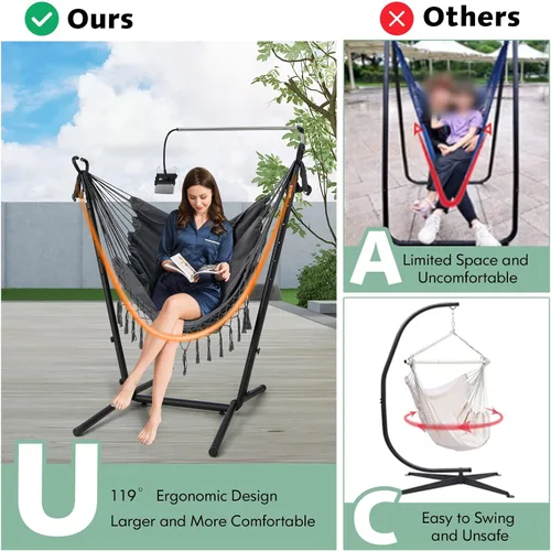 Vista 4 de Tangkula Silla hamaca con soporte, estilo bohemio macramé con soporte, soporte para teléfono celular, silla colgante ajustable en altura
