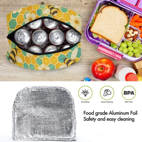 Vista 4 de Bolsa de almuerzo reutilizable con diseño de panal de abeja vintage, con bolsillo frontal, cierre de cremallera, bolsa térmica térmica