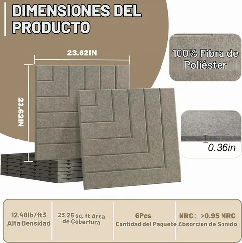Vista 4 de Paquete de 6 paneles acústicos, paneles acústicos de 23.6 x 23.6 pulgadas para paredes, paneles decorativos autoadhesivos de amortiguación de sonido