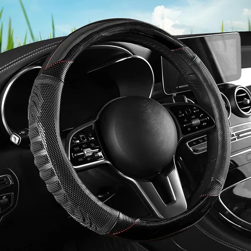 Vista 11 de Funda de cuero para volante de automóvil, material Panapi, universal de 14.5-15 pulgadas, antideslizante, transpirable, fundas para volante