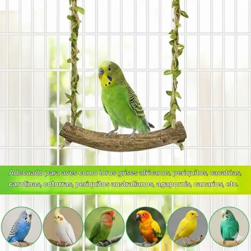 Vista 6 de Percha de madera natural para pájaros con hojas decorativas Verde