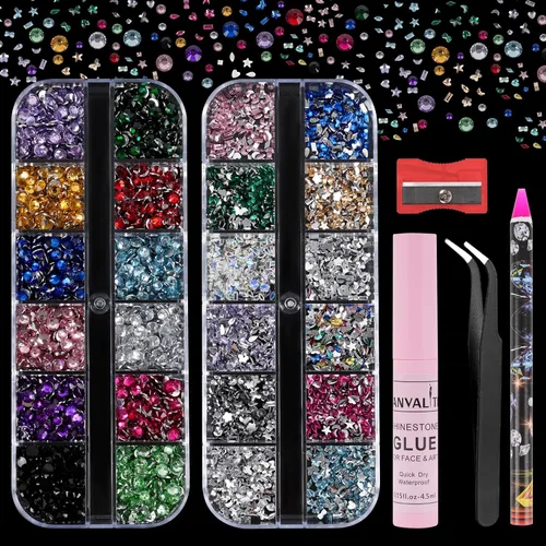 Vista 11 de Canvalite 18000 piezas de diamantes de imitación para la cara, gemas multicolores para ojos, cabello y uñas con pegamento de maquillaje de secado