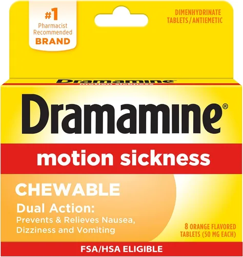 Vista 14 de Dramamine masticable, Alivio del mareo por movimiento, sabor a naranja, 4 unidades Chewables for Nausea Relief During Travel, Prevent & Relieve